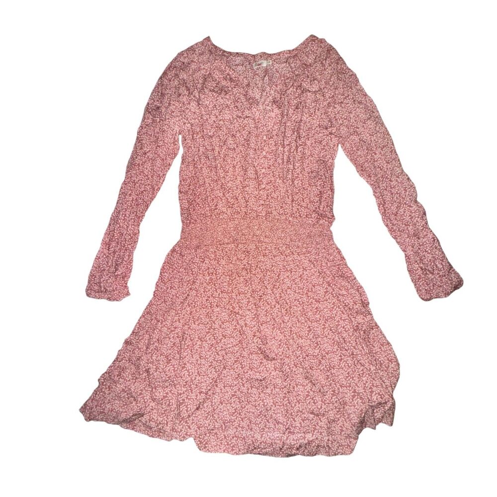 Faherty Montara Dress Women's Size L Mauve Leaf Batik Mini V Neck L/S Smocked